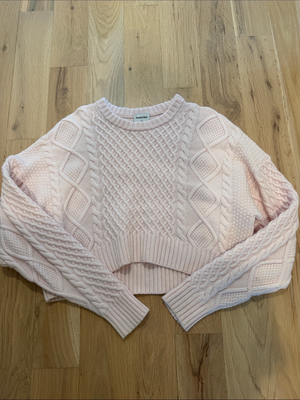 Arizona Sunday Best Pale Pink Cable Knit Cropped Crewneck Sweater
